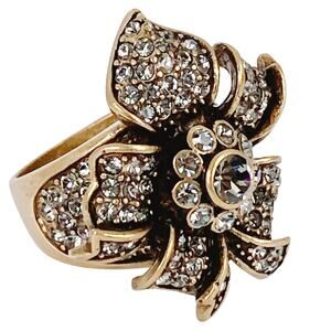 Signed Heidi Daus Gold Tone Floral Flower Rhinestone Cocktail Ring 6.75 Vintage